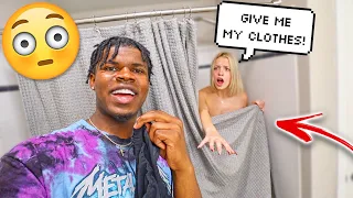 STEALING HER CLOTHES WHILE SHE SHOWERS!! (Prank on Girlfriend)