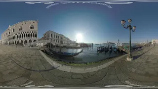 360 VR Waterfront and lagoon with gondolas mooring in Venice, Italy