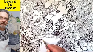 Using your Imagination to draw Knights fighting Dragons in cave with Original music