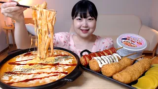 치즈 넣은 까르보 불닭 떡볶이 찹쌀 치즈 핫도그 Spicy cheese cream tteokbokki Cheese hot dog Mukbang Eating sound