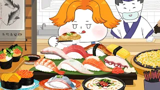 Assorted Sushi Mukbang (Salmon,flatfish,Tuna,Shrimp)/ fried shrimp,noodles -Animation ASMR /foomuk