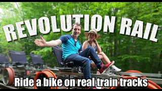 We ride a RAIL BIKE on REAL TRAIN TRACKS !! Revolution Rail - North Creek near Lake George , NY