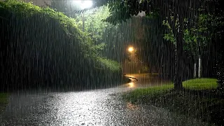 Beautiful raindrops sparkling on the street lamps and Rain sound comforts your heart. White Noise