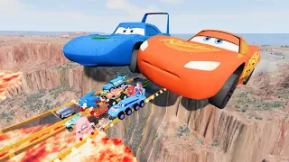 POOR LIGHTNING MCQUEEN VS MONSTER SHARK 😱- Big & Small Pixar Cars vs Glass Bridge Lava😱-Beamng.Drive