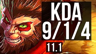 WUKONG vs SHEN (TOP) | 9/1/4, 7 solo kills, 700+ games, Legendary, 1.0M mastery | TR Diamond | v11.1