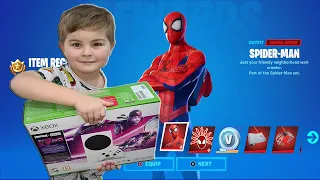 Surprising My 6 Year Old Kid Giving Him 13,500 V-Bucks To Unlock Spider-Man And A XBOX S CONSOLE