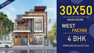 30x50 West Facing House Plan | 1500 Square feet | 4 BHK | 30*50 House Design 3D | 30y50 House Plan