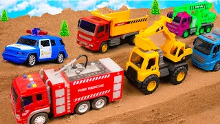 Rescue excavator trucks and cement trucks | Police car crane truck toy stories | ENJO Car Toys