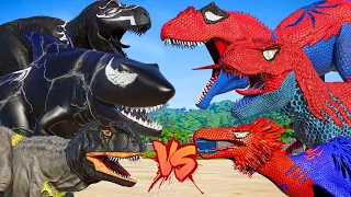 ALL RED SPIDER-MAN VS ALL BLACK SUPERHEROS Dinosaurs Battle |Dinosaur PRO 3 SUPERHERO TEAM|