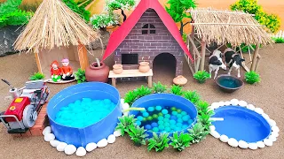 DIY making mini Farm Diorama with Hut, Cow Shed - Water Fall Pool Supply Water for Animals