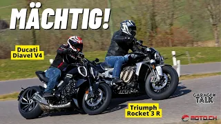 Ducati Diavel V4 im Vergleich mit Triumph Rocket 3 R - zwei Muscle Bikes mit eigenem Charakter