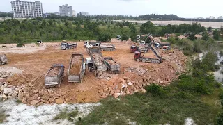 Part.76| Wonderful Extremely Busy Heavy Dump Trucks Working To Filling Landscape With Stone From..