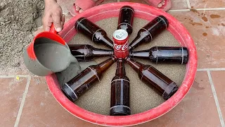 Recycle glass bottles .DIY coffee table from glass bottles and cement . How to make outdoor tables