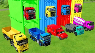 TRANSPORTING EXCAVATOR, MIXER TRUCK, BULLDOZER, POLICE CARS TO GARAGE WITH MAN TRASH TRUCK - FS22