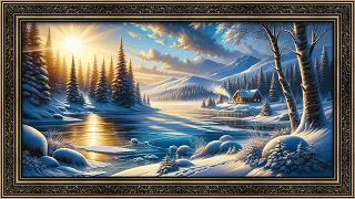 Framed Tv Art with smooth jazz music and winter mountain landscapes
