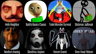 Hello Neighbor, Toilet Monster Survival, Nextbot Chasing, Slendrina Asylum, Venom Granny, Siren Head