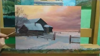 Зимний закат маслом|как рисовать зимний пейзаж art