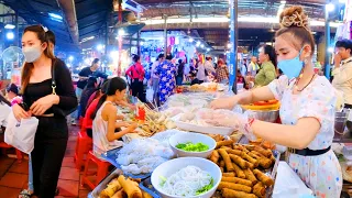 Cambodia Best Street Food Market - Yellow Pancake, Rice Noodles, Meatballs, Steak, & More