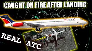 Airplane caught on fire after gear collapse on landing. Red Air MD-82. REAL ATC