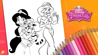 Coloring Disney Princess Jasmine and Rajah Coloring Page | KP