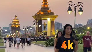 [4k] People Walking and Exercising Together Nearby Monument Independent, Cambodia’s Phnom Penh