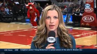 :} Benny the Bull photobombs Milwaukee Bucks sideline reporter.