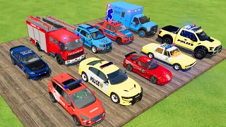 TRANSPORTING CARS, FIRE TRUCK, POLICE CARS, AMBULANCE OF COLORS! WITH TRUCKS! - FARMING SIMULATOR 22