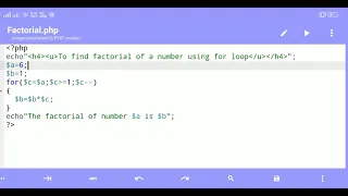 To find factorial of a number using for loop in php