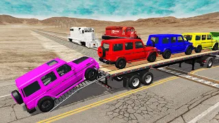 Double Flatbed Trailer Truck vs Speedbumps Train vs Cars | Tractor BeamNG.Drive #04