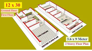 12 X 30 Home plan - 2 Bedroom + Car parking | 3.6x9 Meter 2 Storey House Design