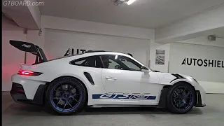 Matte White Porsche 911 GT3 RS Weissach Package  with Indigo Blue Wheels at AutoShield Sweden