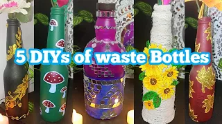 5 Amazing diys from waste bottles/ Easy Bottle Art/  बिना झंझट आसानी से बनाये बेकार बोतल से क्राफ्ट