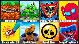 Minecraft,Poppy Playtime(Хаги Ваги),Spider Rope,Brawl Stars,Squid Game Imposter,Funny Tanks