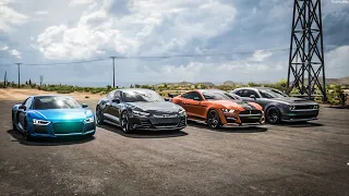 Forza Horizon 5 Drag race: Audi RS E-Tron GT vs Audi R8 vs Dodge Demon vs Ford Shelby GT500