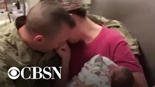 Military dad surprises wife after she gave birth alone