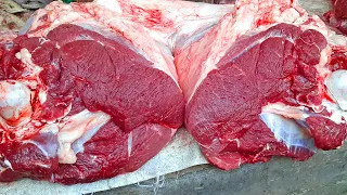 Asian Biggest Beef Shop In Bangladesh | Butcher Cuts Raw Meat of A Cow With a Knife In Wood Stand