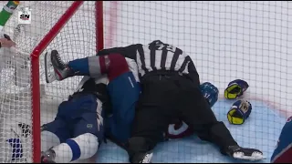 Corey Perry And JT Compher Scrum Inside Goal Crease