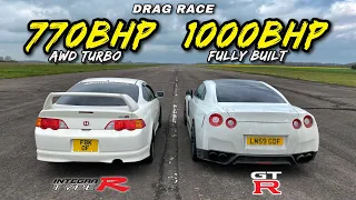 AWD SAVAGES ..1000HP NISSAN GTR vs AWD 770HP HONDA DC5 TYPE R