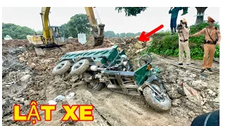 Tai nạn kinh hoàng Lật xe công nông chở đá | Máy xúc cần dài kobelco 150 xúc đất | excavator loading