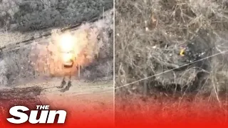Ukrainian forces blow up Russian tank hidden among trees