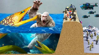LEGO DAM BREACH - Why Does King Kong Fight The Giant Eel Monster Protect The Lego People?