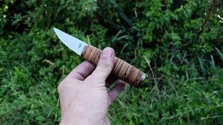 80CrV2, aged brass, stacked birch bark.