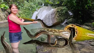 The girl used a bamboo tube to trap the loach fish, resulting in a lot of loach fish to sell.