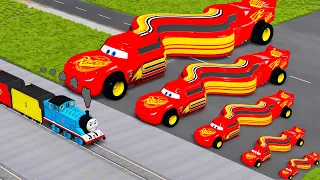 Big & Small Long Snake Lightning Mcqueen vs Funny Cars with Monster Truck Rescue Bus - BeamNG.Drive