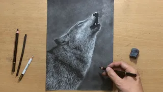 Charcoal Drawing of a Howling Wolf