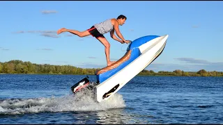 Трюки на самодельном гидроцикле с ПЛМ "Пеликан". Tricks on a makeshift jet ski with outboard engine.