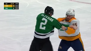 Jamie Oleksiak VS Mathieu Olivier Fight after Boarding Call Nashville Predators at Dallas Stars