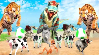 10 Zombie Tiger vs 10 Zombie Cow vs 10 Giant Buffalo Fight Dinosaur vs Gorilla Cow Cartoon Buffalo