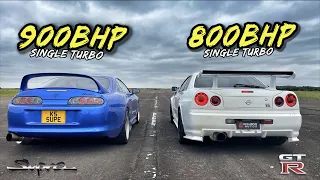 WHEN LEGENDS RACE.. 900BHP SUPRA VS 800BHP SKYLINE R34 GT-R!