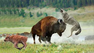 Bison Incrível Salvar Bebê De Caça Ao Lobo. Buffalo Bison Vs Wolf Aniamals Salvar Outros Animais